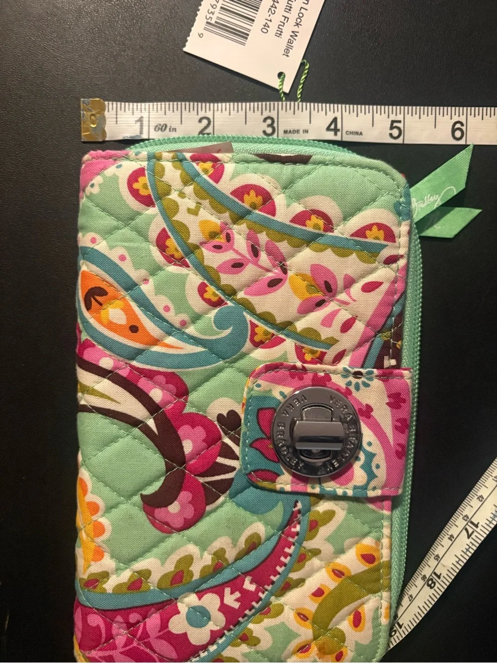 NWT Vera Bradley's Mint Retired Tutti Fruttii Turn Key Paisly Quilted Zip Wallet
